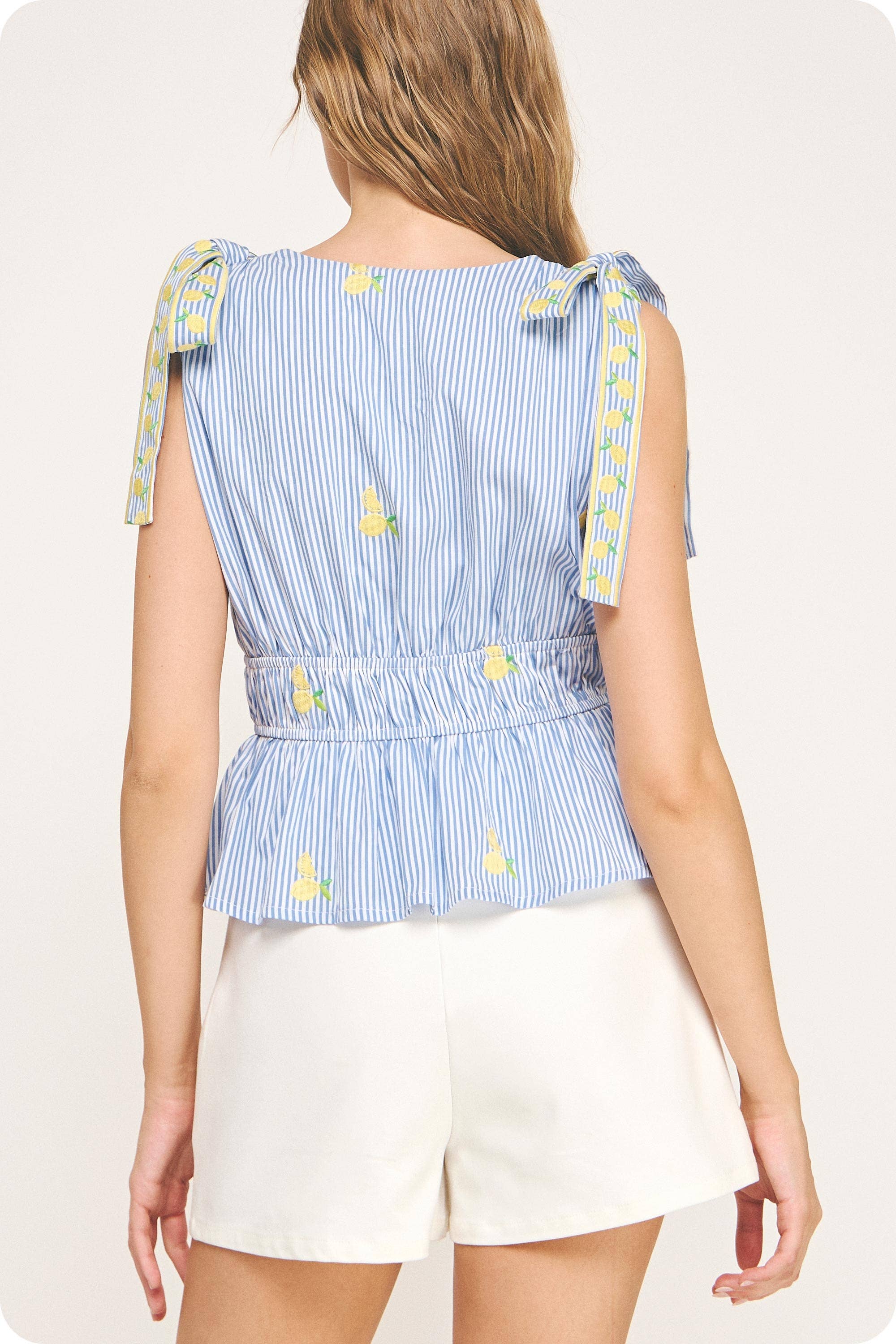 Lemon Embroidery Bow Strap Detail Stripe Top