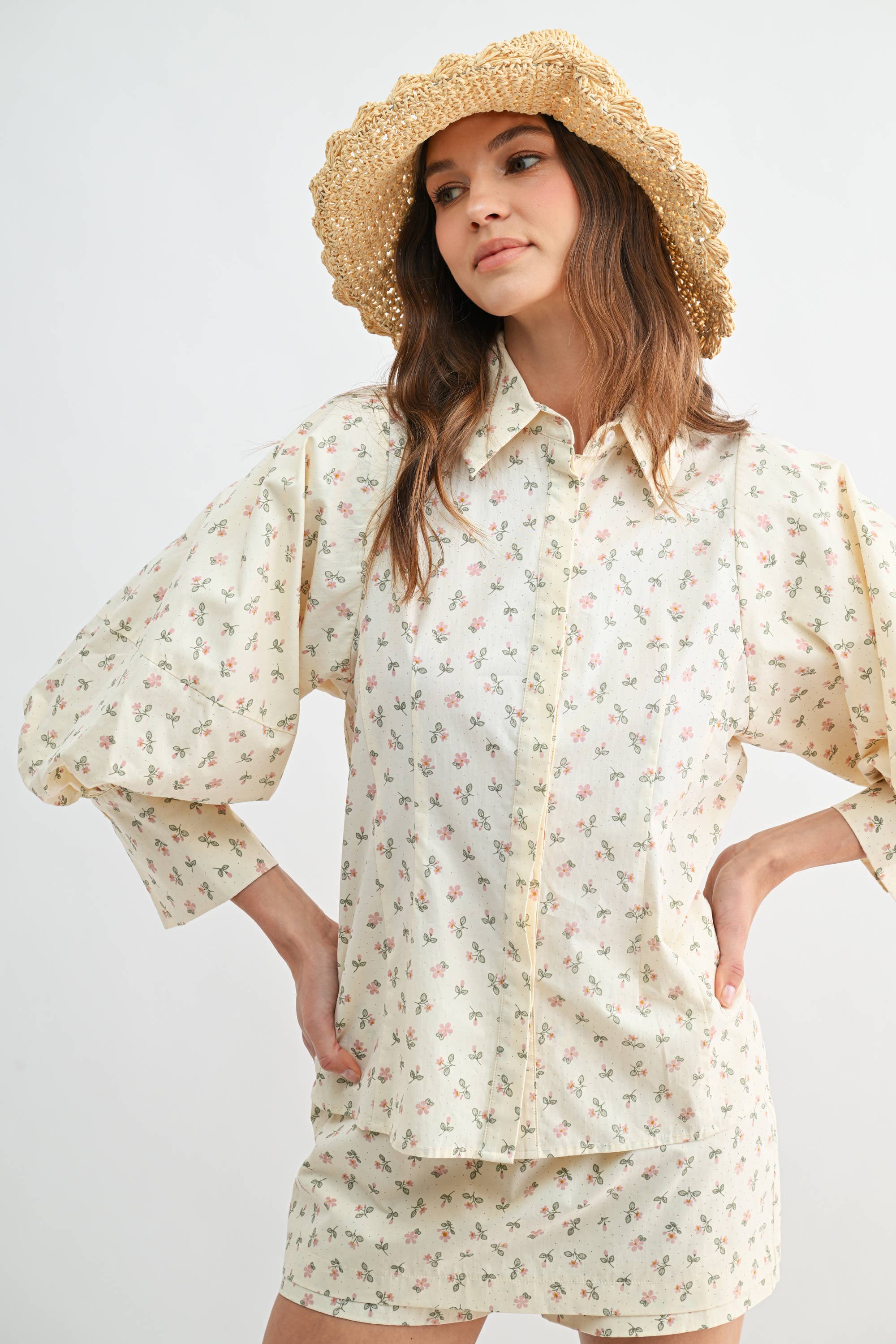 Two-Piece Polka Dot Set - Puff-Sleeve Blouse Matching Skort