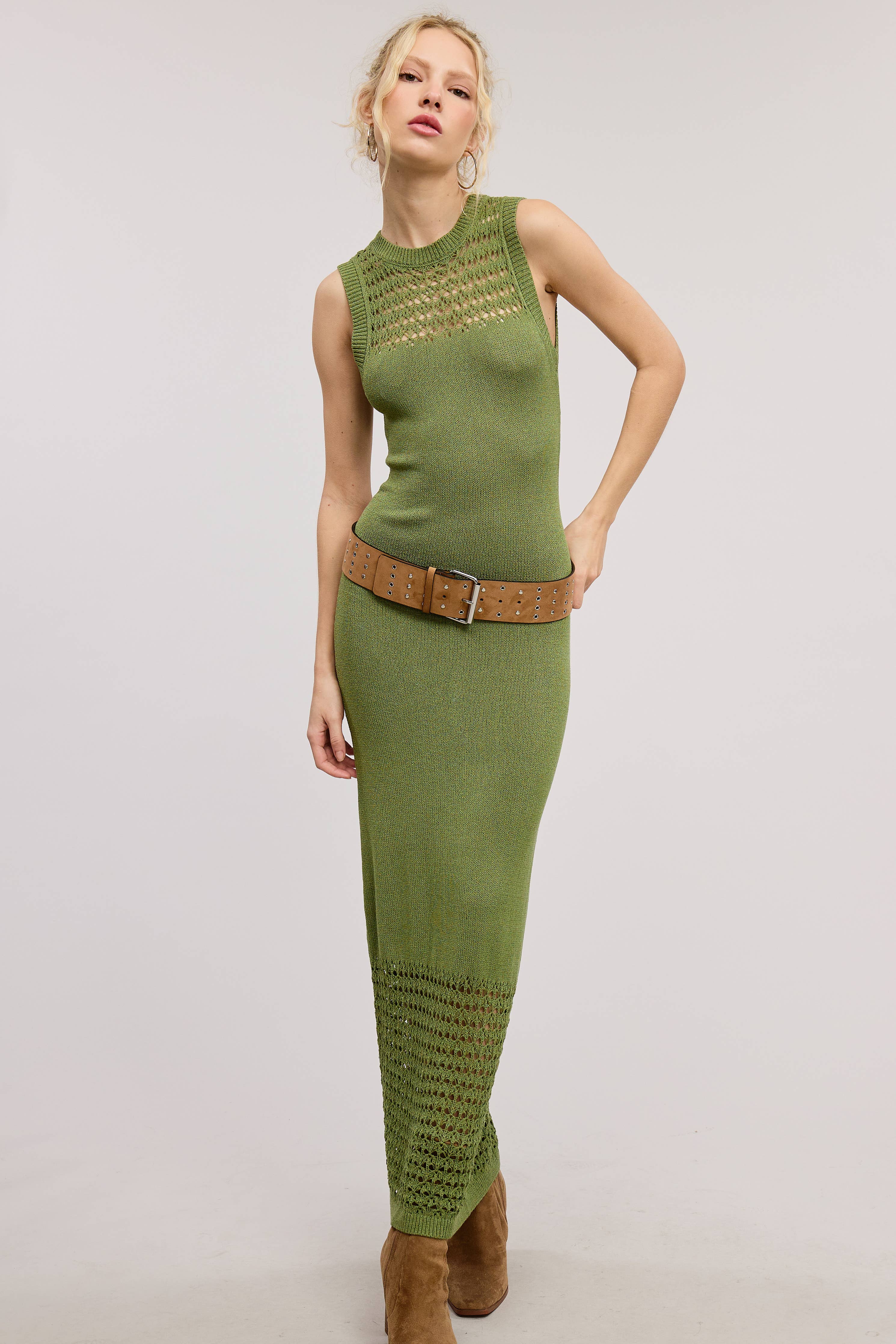 Boho Crochet Macrame Mesh Midi Knit Dress