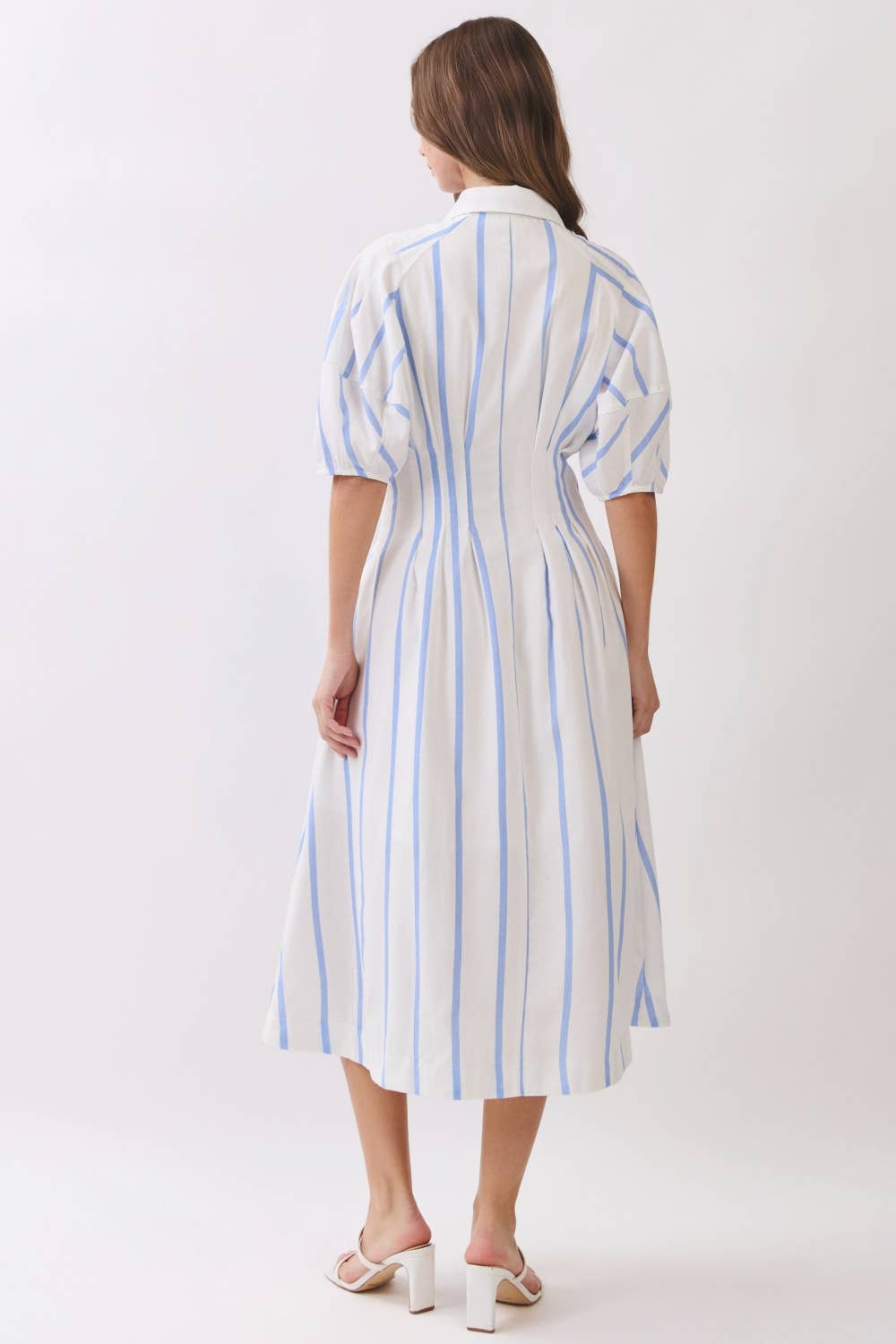Striped Midi Shirt Dress – Puff Sleeve Button Front RD321