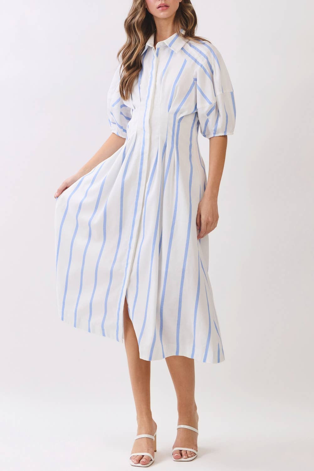 Striped Midi Shirt Dress – Puff Sleeve Button Front RD321