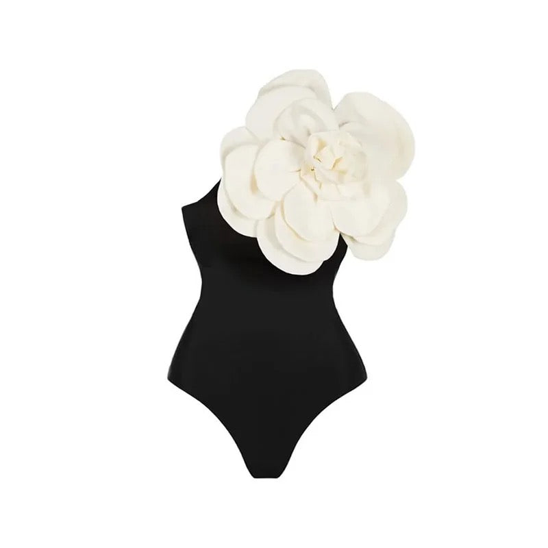 3D white flower black bodysuit