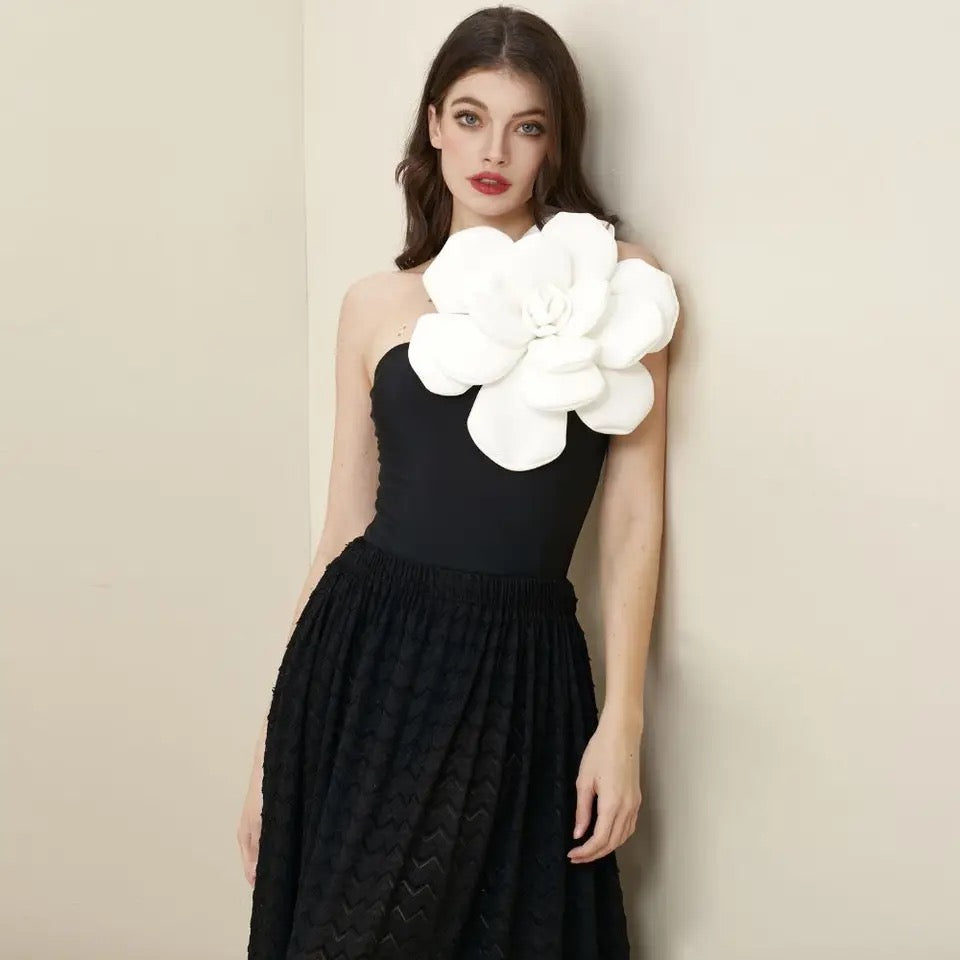 3D white flower black bodysuit