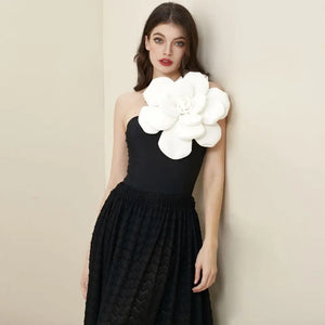 3D white flower black bodysuit