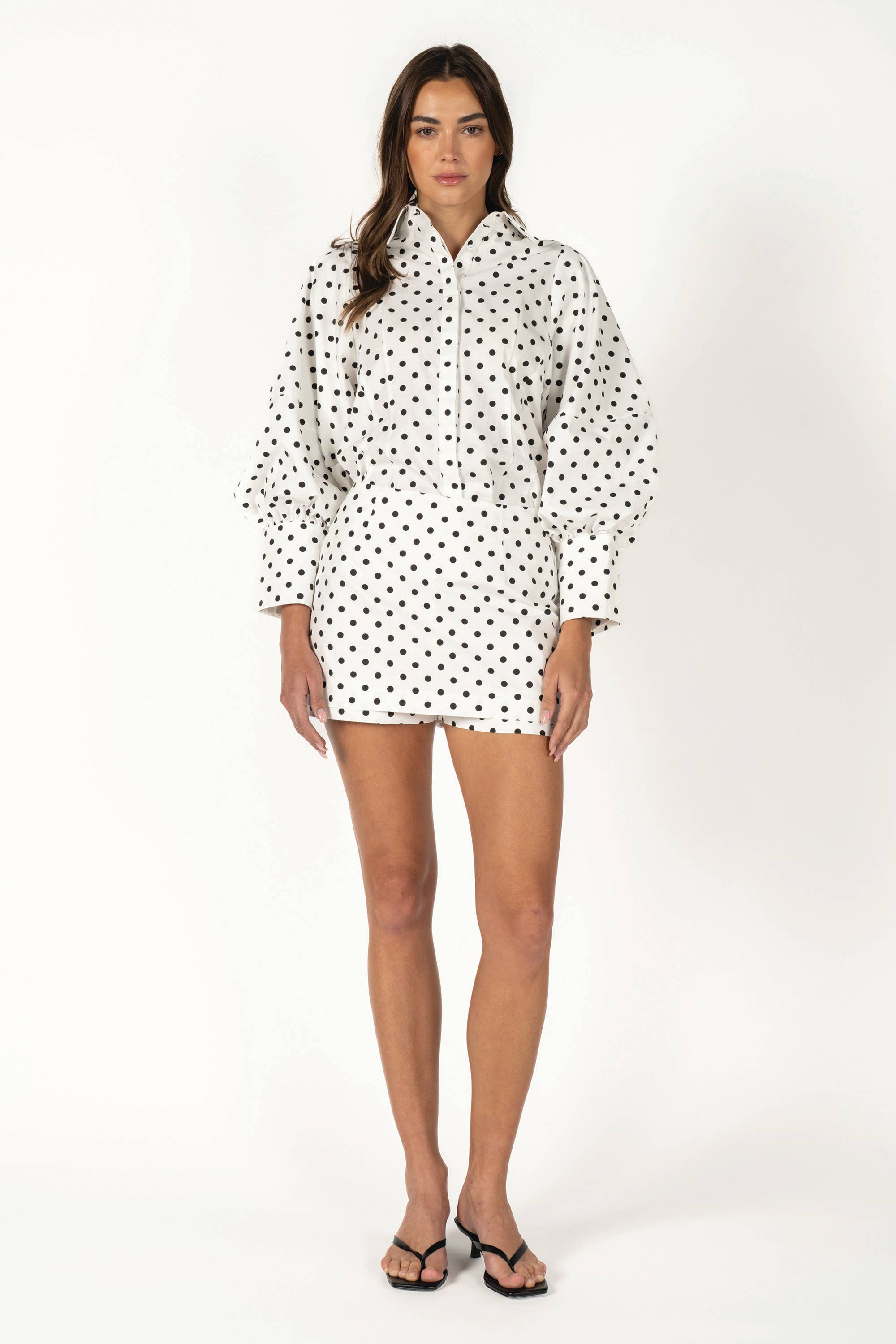 Two-Piece Polka Dot Set - Puff-Sleeve Blouse Matching Skort