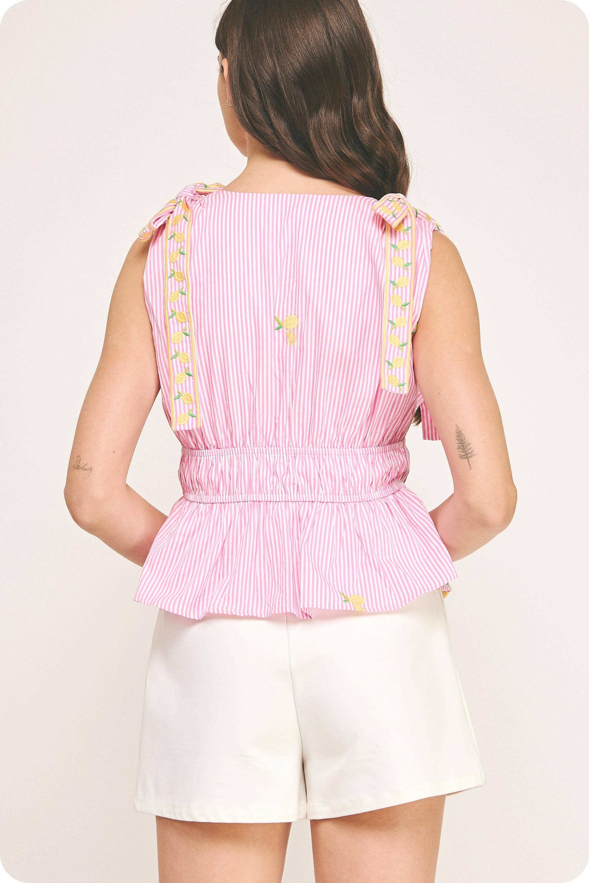 Lemon Embroidery Bow Strap Detail Stripe Top