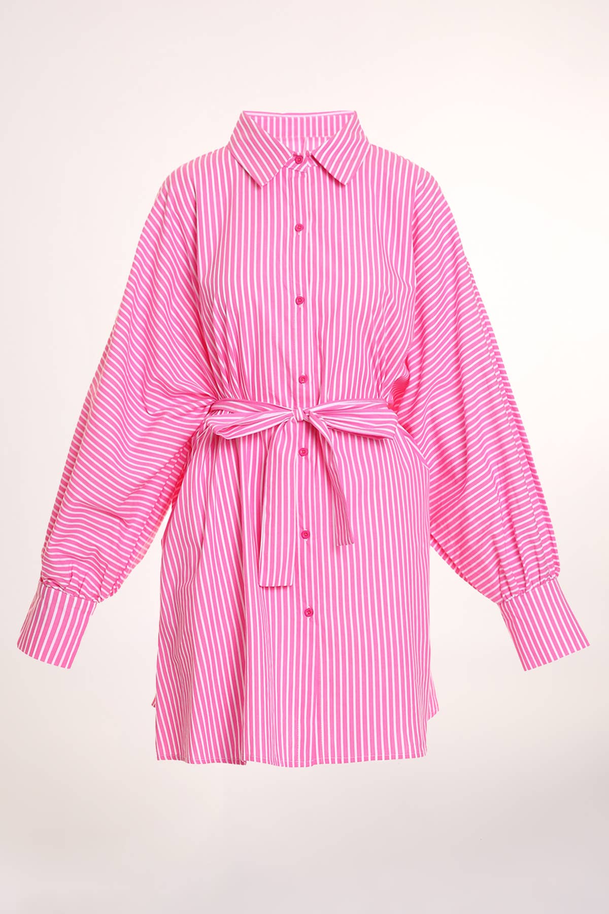 Stripe Pattern Print Belted Midi Shirt Dress PC3895