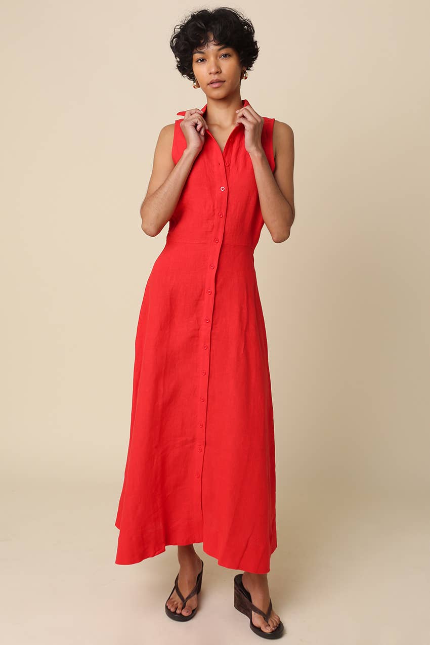 Aimme Button-Front Linen Maxi Dress