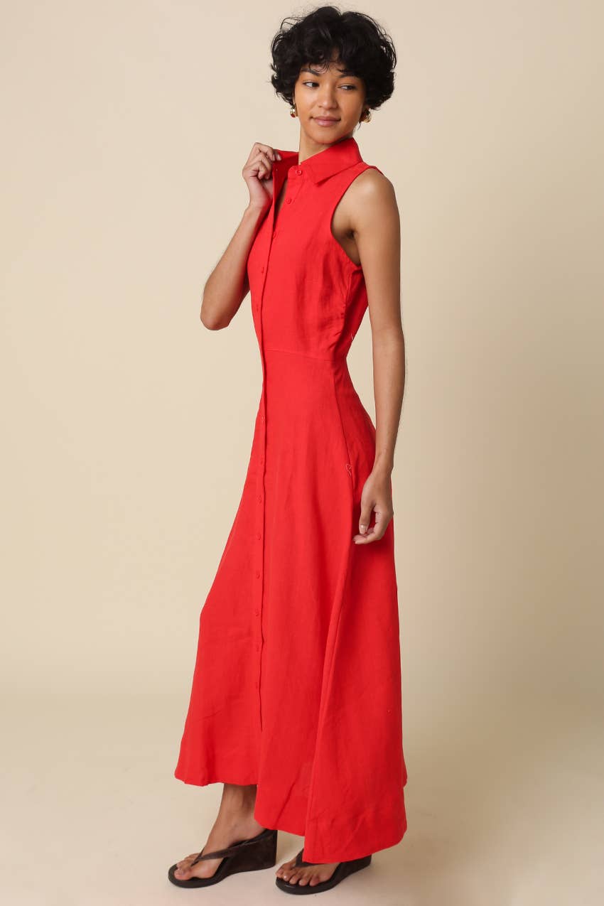 Aimme Button-Front Linen Maxi Dress