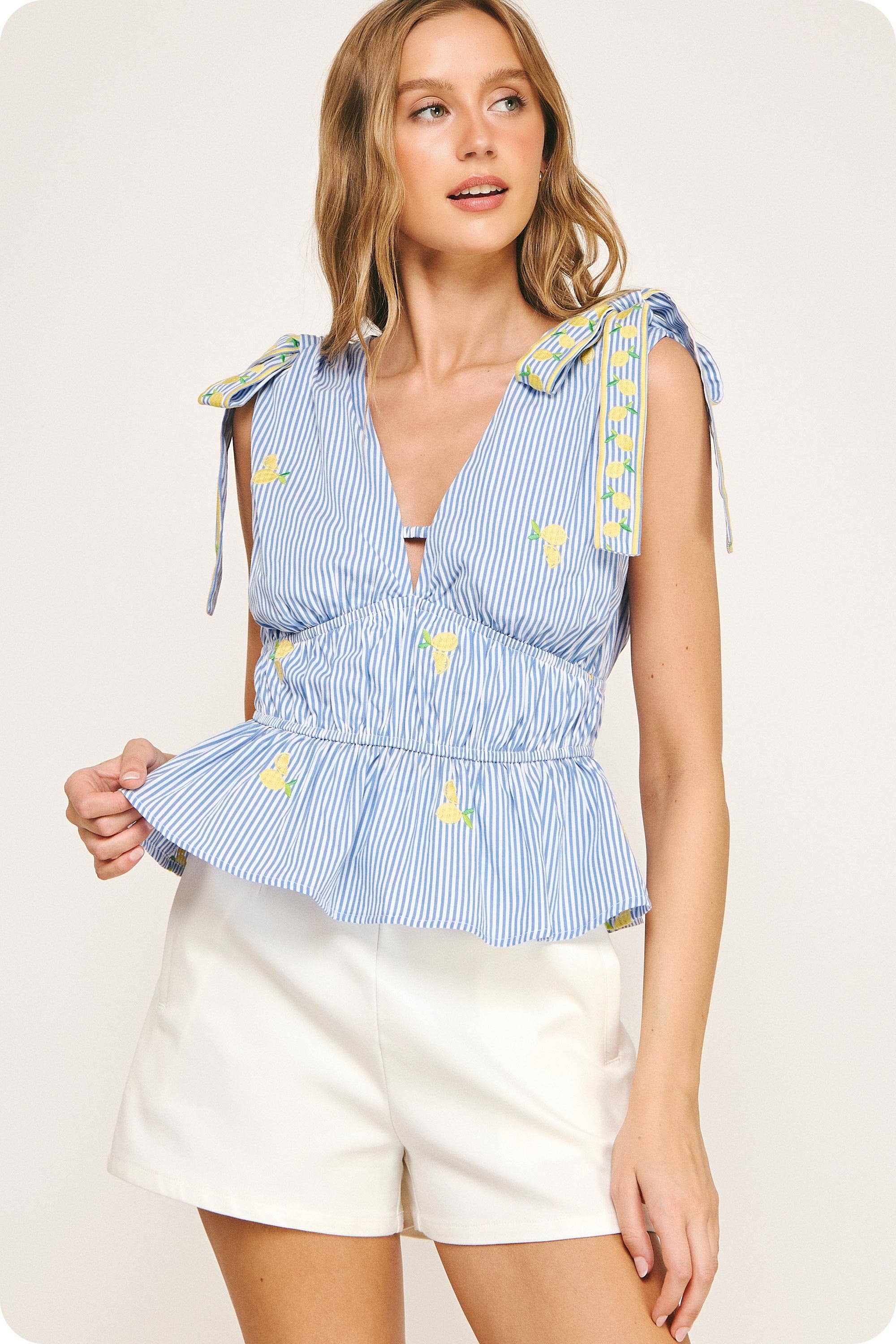 Lemon Embroidery Bow Strap Detail Stripe Top