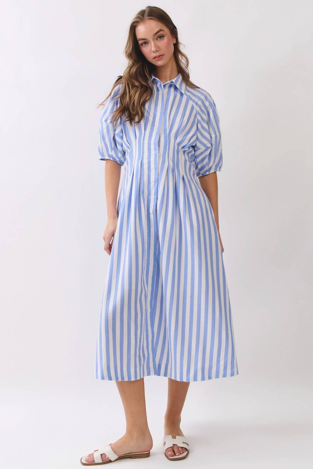 Striped Midi Shirt Dress – Puff Sleeve Button Front RD321